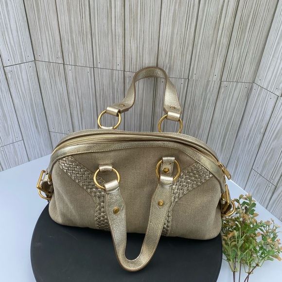 Yves Saint Laurent Muse Tan Canvas Leather Satchel Handbag Gold Tone Hardware - Picture 3 of 12
